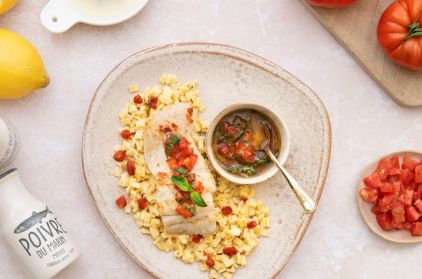 Crozets-au-chorizo,-dos-de-lieu-et-sauce-vierge